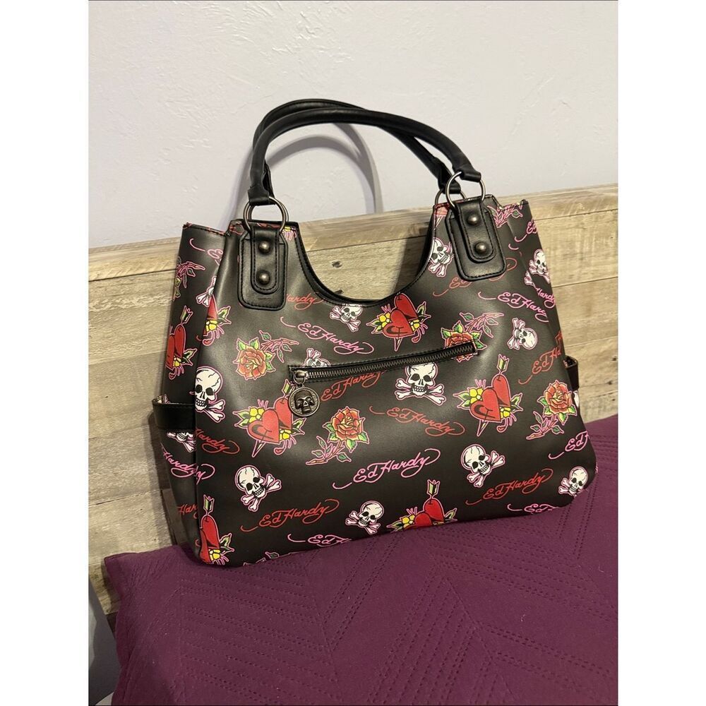 Ed Hardy Black Shoulder Bag with Red and Pink Tattoo Graphics